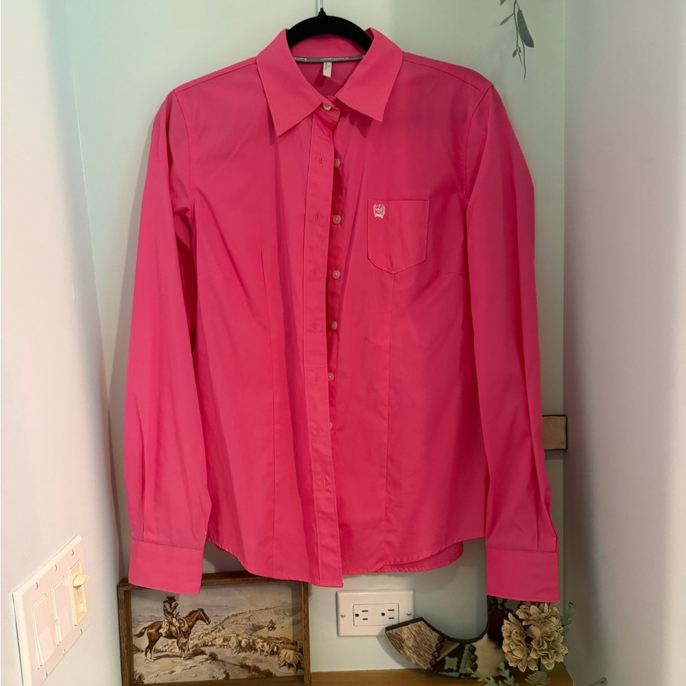 Women’s Casual Long-Sleeve Button-Down Shirt in Bright Pink